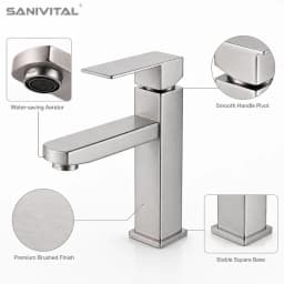 SANIVITAL Single Handle Basin Faucet SUS304 Brushed Stainless Steel Deck Mount Bathroom Sink Tap with Water-Saving Aerator