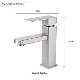 SANIVITAL Single Handle Basin Faucet SUS304 Brushed Stainless Steel Deck Mount Bathroom Sink Tap with Water-Saving Aerator