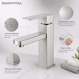 SANIVITAL Single Handle Basin Faucet SUS304 Brushed Stainless Steel Deck Mount Bathroom Sink Tap with Water-Saving Aerator