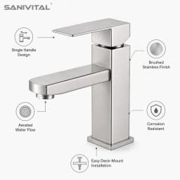 SANIVITAL Single Handle Basin Faucet SUS304 Brushed Stainless Steel Deck Mount Bathroom Sink Tap with Water-Saving Aerator