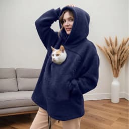 Women Portable Pet Pocket Hoodies Casual Zippered Pocket Portable Cat Friendly Sweatshirts Solid Fleece Hooded Winter Sweaters