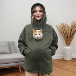 Women Portable Pet Pocket Hoodies Casual Zippered Pocket Portable Cat Friendly Sweatshirts Solid Fleece Hooded Winter Sweaters