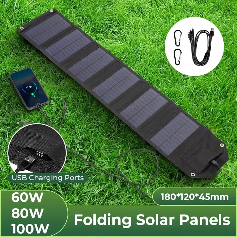 Folding Solar Panel 60W/80W/100W USB 5V Solar Charger Portable Solar Battery Power Bank for Outdoor Camping Hiking + Cable