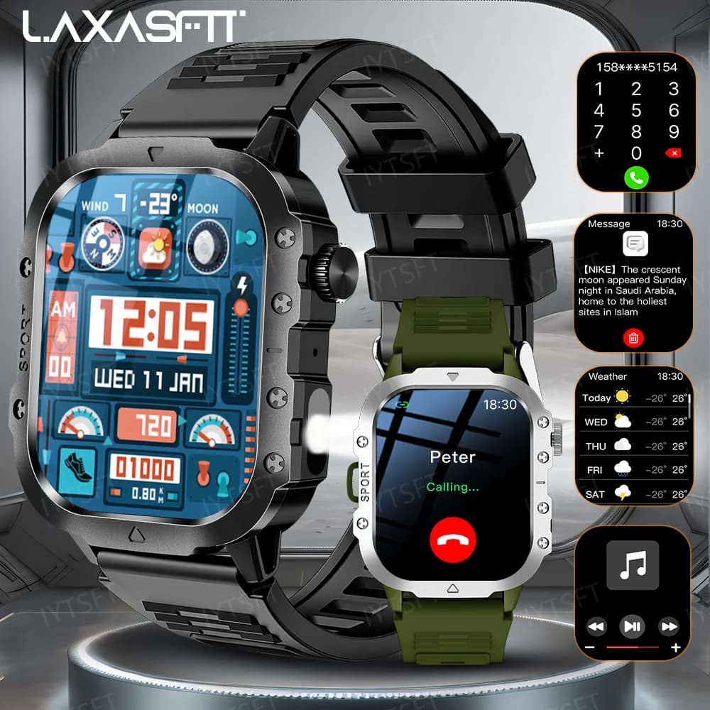 LAXASFIT 2025 New Military Smart Watch Men Outdoor Sports Fitness Tracker Health Monitoring 2.01Inch Bluetooth Calls Smartwatch