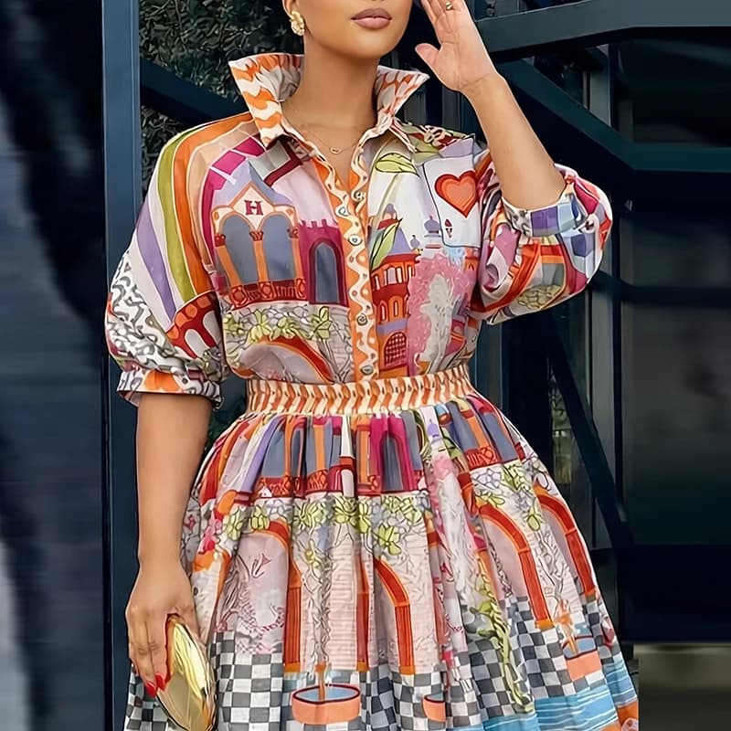 Fashion Pattern Printed Loose Fit Summer Suit Women's Lapel Puff Sleeve Top & Skirt Party Outfit Casual Commuter Two Piece Sets
