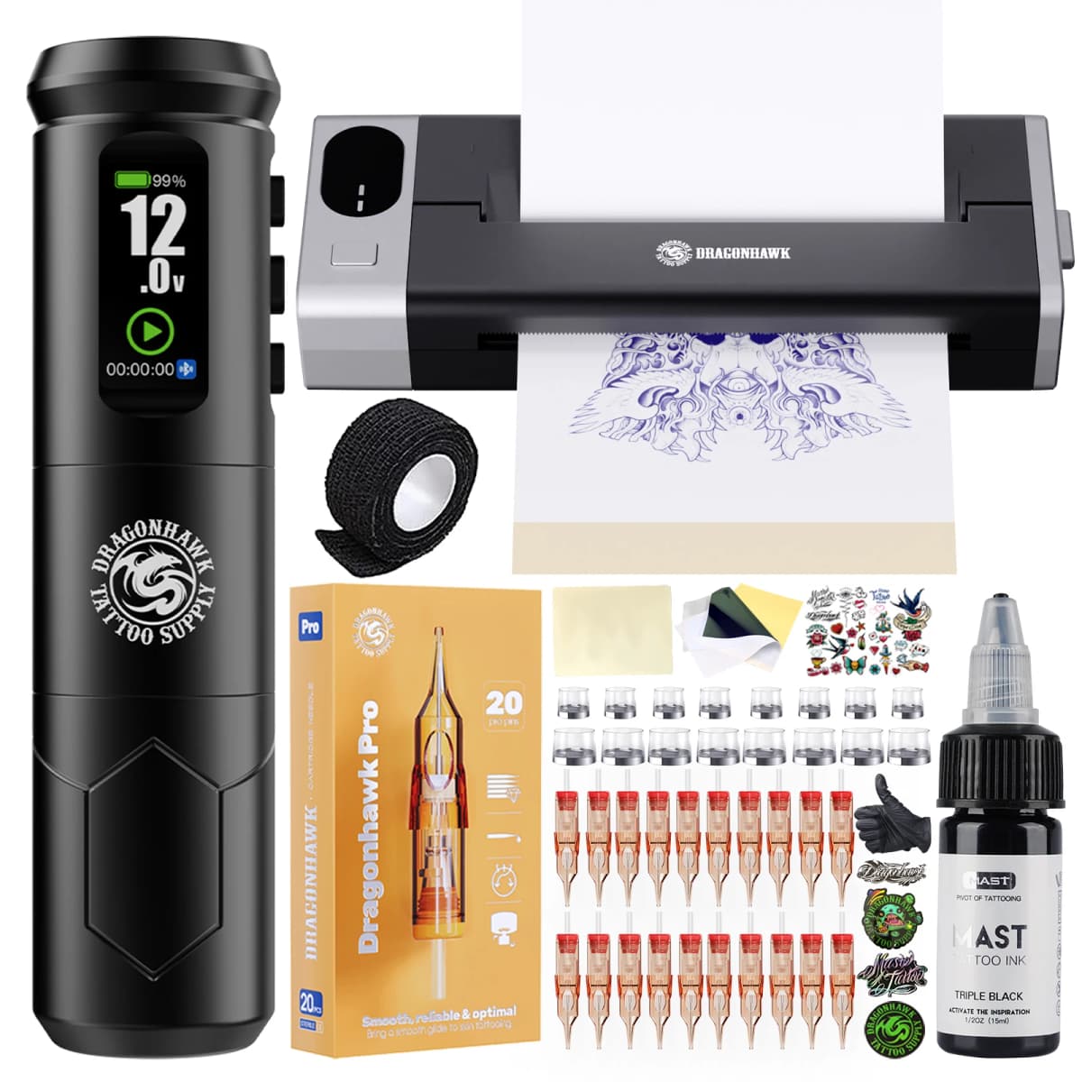 Dragonhawk A1 Pro Tattoo Machine Full Kit A1 Pro Easy To Use Operating Systerm Complete Tattoo Pen Cartridge Needle for Beginner