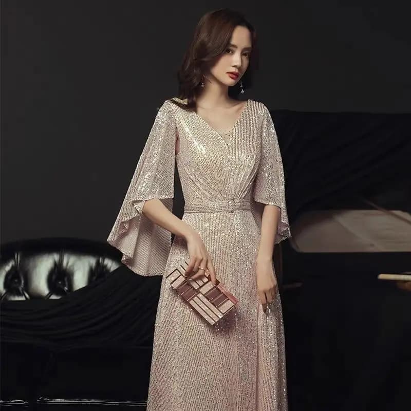 Afashion Modern Red Song Competition Dress Women's Long Skirt Chorus Performance Costume Fashionable Mid-Waist Zipper Short Sle