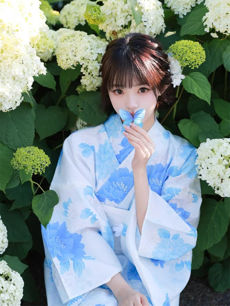 Blue Kimono Dress Traditional Japanese Style Photography Clothing Women's Fashionable Reformed Kimono Polyester Fiber