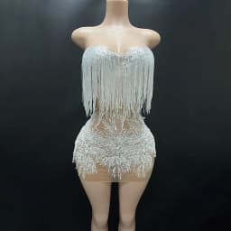 White Snowflake Pearl See Through Mesh Women Stunning Dress Party Birthday Sexy Carnival Performance Stage Costume
