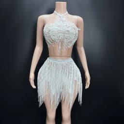 White Snowflake Pearl See Through Mesh Women Stunning Dress Party Birthday Sexy Carnival Performance Stage Costume