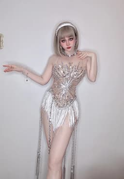 White Snowflake Pearl See Through Mesh Women Stunning Dress Party Birthday Sexy Carnival Performance Stage Costume