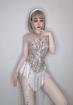 White Snowflake Pearl See Through Mesh Women Stunning Dress Party Birthday Sexy Carnival Performance Stage Costume