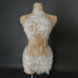 White Snowflake Pearl See Through Mesh Women Stunning Dress Party Birthday Sexy Carnival Performance Stage Costume