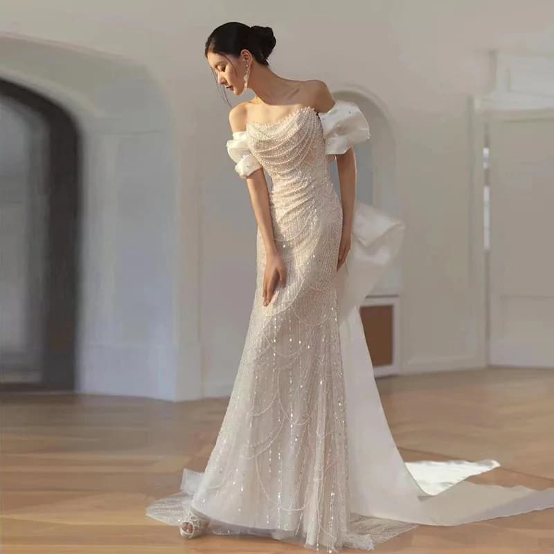 2025 Elegant Shiny Women Evening Dresses High End Pearls Sequins with Bow Prom Birthday Party Gowns Formal Robes De Soirée