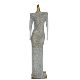 Red Diamonds Dress See Through Long Sleeve Evening Dress Festival Clothing Rhinestone Prom Gowns Special Occasion Dress Gesebei