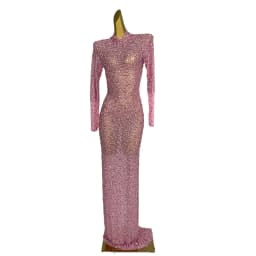 Red Diamonds Dress See Through Long Sleeve Evening Dress Festival Clothing Rhinestone Prom Gowns Special Occasion Dress Gesebei