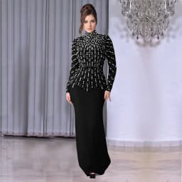 Temperament Elegant Party Diamond Pearl Long Bodycon Dress Women O Neck Long Sleeve Glitter Club Evening Black Sheath Maxi Dress