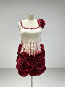 Elegant Ivory Dress With Red Embellishments And Large Rose Accents On Skirt And Shoulder Exudes Glamour And Sophistication Perfe