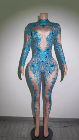 Sparkly Blue Rhinestones Jumpsuit Women One Piece Stretch Bodysuit Nightclub Party Outfit Singer Dance Performance Costume Putao