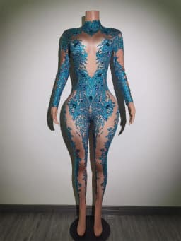 Sparkly Blue Rhinestones Jumpsuit Women One Piece Stretch Bodysuit Nightclub Party Outfit Singer Dance Performance Costume Putao