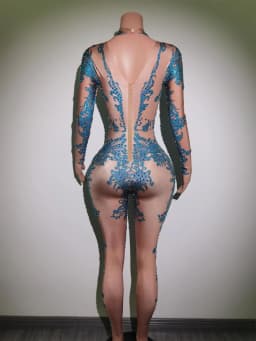 Sparkly Blue Rhinestones Jumpsuit Women One Piece Stretch Bodysuit Nightclub Party Outfit Singer Dance Performance Costume Putao
