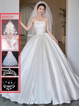 Elegant Vintage Satin Wedding Dress Long Train Bridesmaid Gown Floor-Length Neckline Strapless Floral Embroidery Bridal Dress