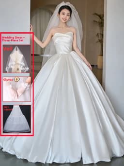 Elegant Vintage Satin Wedding Dress Long Train Bridesmaid Gown Floor-Length Neckline Strapless Floral Embroidery Bridal Dress