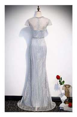 Gorgeous Sexy Round Neck Sequined Mermaid Long Formal Evening Dress Silver With Sleeves