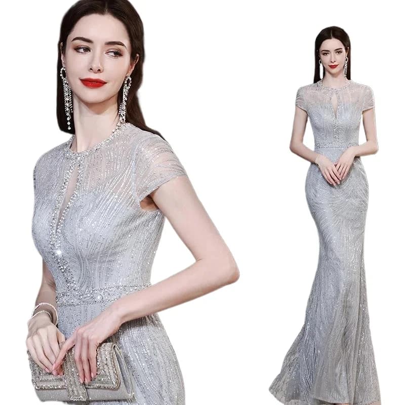 Gorgeous Sexy Round Neck Sequined Mermaid Long Formal Evening Dress Silver With Sleeves