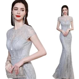 Gorgeous Sexy Round Neck Sequined Mermaid Long Formal Evening Dress Silver With Sleeves