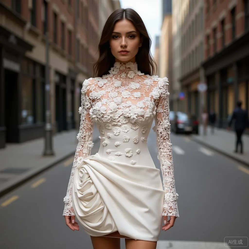 2026 New Elegant White Lace Dress High Neck Long Lace Sleeves Asymmetrical Short Skirt 3D Floral Appliques Wedding Party Dress H