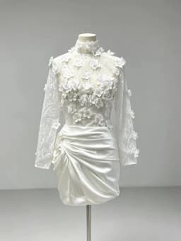 2026 New Elegant White Lace Dress High Neck Long Lace Sleeves Asymmetrical Short Skirt 3D Floral Appliques Wedding Party Dress H