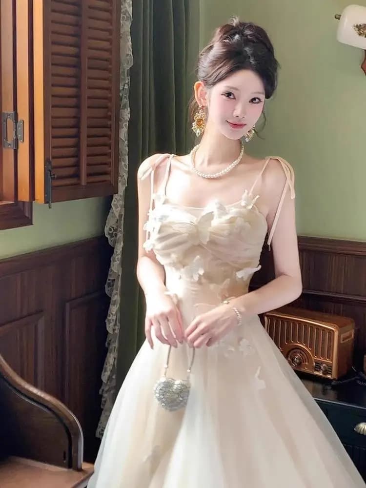 Summer New Style 3D Tulle Strap Dress Wedding Engagement Party Women's Fashion Long Evening Gown Korean Style