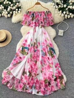 Beach Vacation Style Women's Long Floral Print Dress Halter Neck Gathered Waist Split Side Large Swing LQ634 Summer 2026