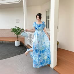 Beach Vacation Style Women's Long Floral Print Dress Halter Neck Gathered Waist Split Side Large Swing LQ634 Summer 2026
