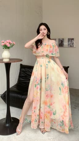 Beach Vacation Style Women's Long Floral Print Dress Halter Neck Gathered Waist Split Side Large Swing LQ634 Summer 2026