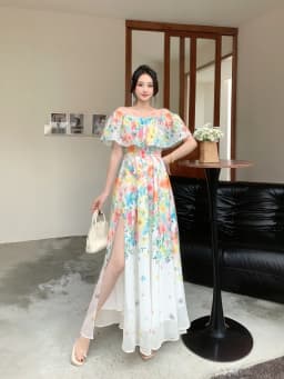 Beach Vacation Style Women's Long Floral Print Dress Halter Neck Gathered Waist Split Side Large Swing LQ634 Summer 2026
