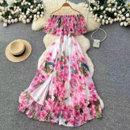 Beach Vacation Style Women's Long Floral Print Dress Halter Neck Gathered Waist Split Side Large Swing LQ634 Summer 2026