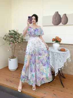 Beach Vacation Style Women's Long Floral Print Dress Halter Neck Gathered Waist Split Side Large Swing LQ634 Summer 2026