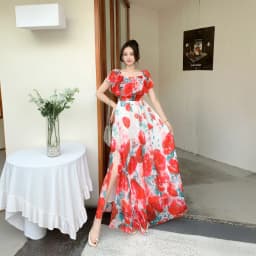 Beach Vacation Style Women's Long Floral Print Dress Halter Neck Gathered Waist Split Side Large Swing LQ634 Summer 2026