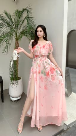 Beach Vacation Style Women's Long Floral Print Dress Halter Neck Gathered Waist Split Side Large Swing LQ634 Summer 2026
