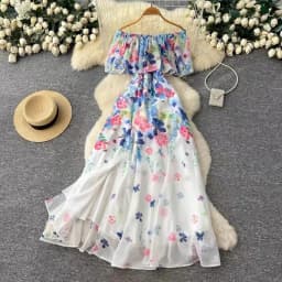 Beach Vacation Style Women's Long Floral Print Dress Halter Neck Gathered Waist Split Side Large Swing LQ634 Summer 2026