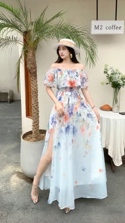 Beach Vacation Style Women's Long Floral Print Dress Halter Neck Gathered Waist Split Side Large Swing LQ634 Summer 2026