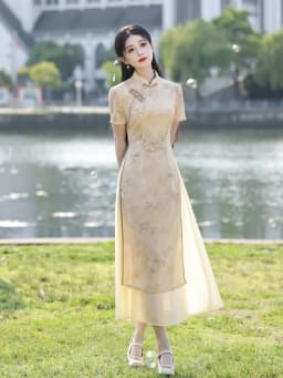 Young Style Elegant Long Dress Meat Concealing Slimming Daily Wear Polyester Fiber Short Sleeve Summer New Chinese ...