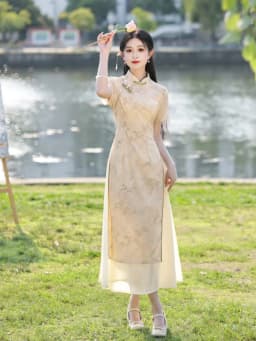 Young Style Elegant Long Dress Meat Concealing Slimming Daily Wear Polyester Fiber Short Sleeve Summer New Chinese ...
