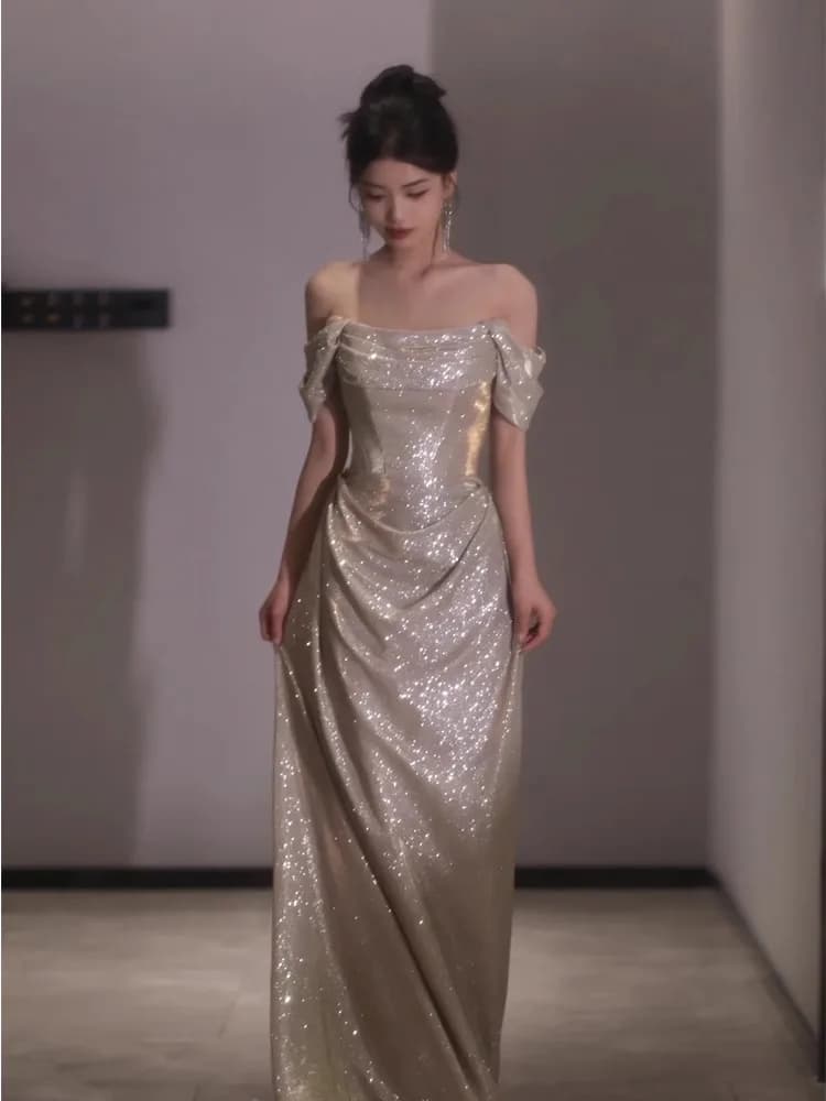 Ele One-oulder Silver Sequin Evening Gown Women's Birthday Adult Ceremony Host Wedding Morning Robe Korean Sle