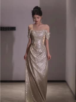 Ele One-oulder Silver Sequin Evening Gown Women's Birthday Adult Ceremony Host Wedding Morning Robe Korean Sle