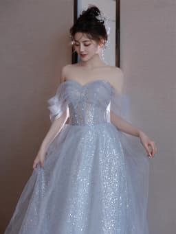 Elegant Blue One-Shoulder Evening Gown Women's Style Princess Dress Host Performance Clothes Student Day Adult Ceremony