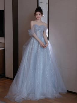 Elegant Blue One-Shoulder Evening Gown Women's Style Princess Dress Host Performance Clothes Student Day Adult Ceremony