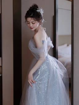 Elegant Blue One-Shoulder Evening Gown Women's Style Princess Dress Host Performance Clothes Student Day Adult Ceremony